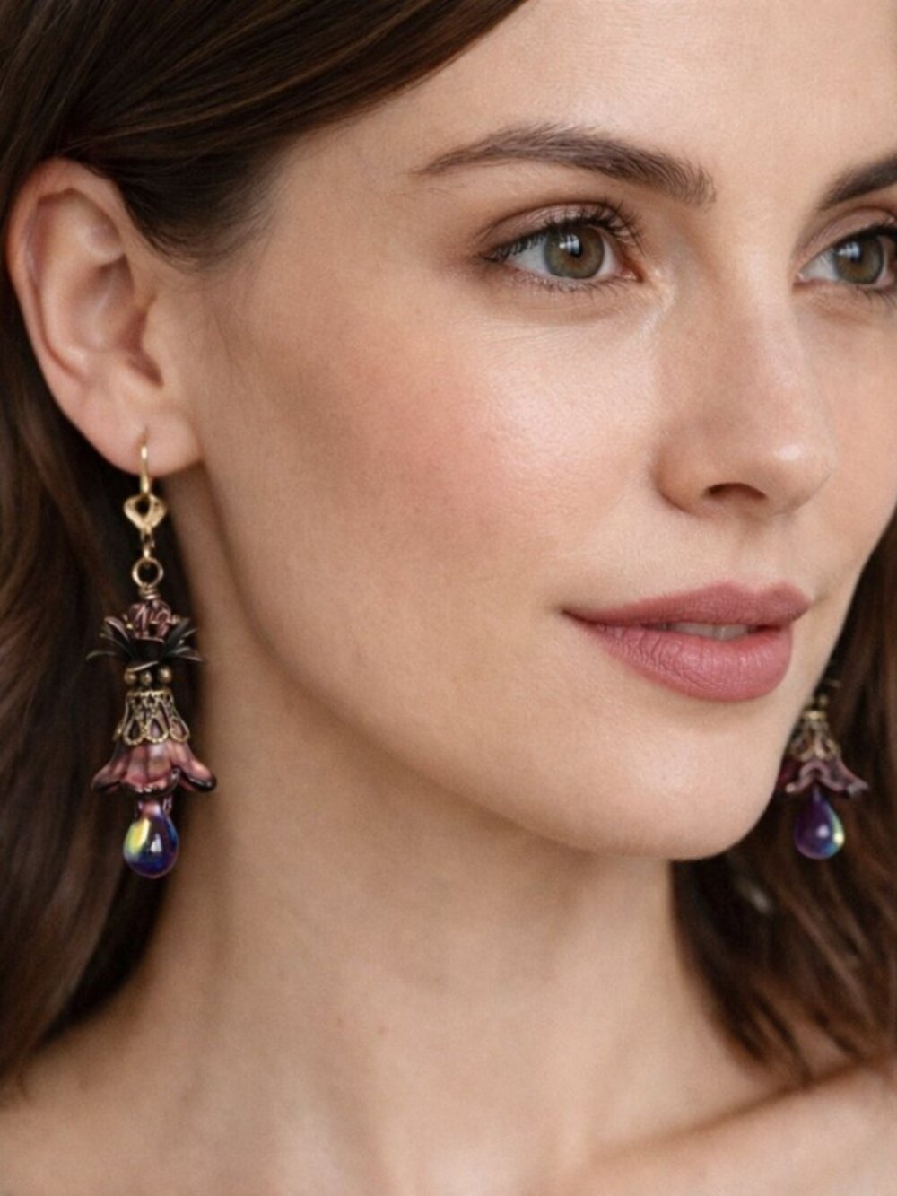 Purple Hand Painted Lucite Flower Earrings, Crystal, Filigree Bronze Cap